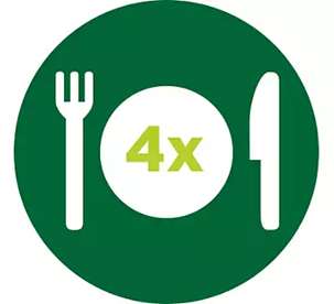 Green icon with a white plate, fork, and knife on a white background