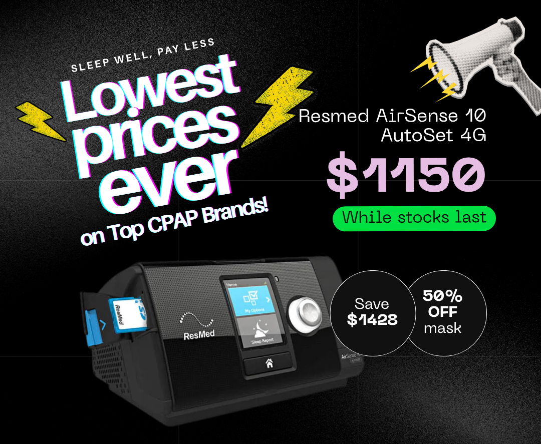 Advertisement for Resmed AirSense 10 AutoSet 4G CPAP machine with promotional text on a dark background.