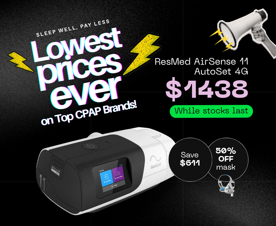 ResMed AirSense 1 AutoSet 4G CPAP machine with promotional text on a black background