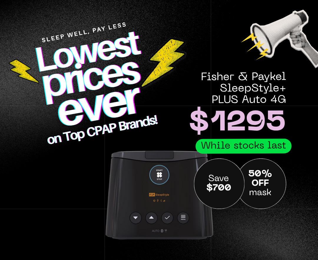 Advertisement for Fisher & Paykel SleepStyle+ PLUS Auto 4G CPAP machine with promotional text and discounts.
