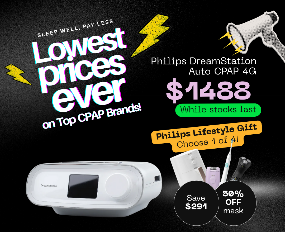Advertisement for Philips DreamStation Auto CPAP 4G with promotional text and product image.