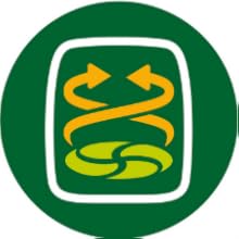 Logo with green circle, white square, and yellow arrows