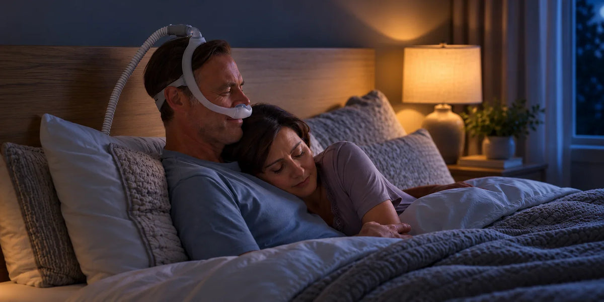Couple sleeping peacefully, man wearing a CPAP nasal mask